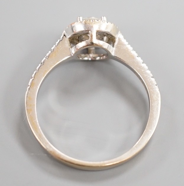 A modern 18ct white gold and single stone diamond ring with diamond chip circular setting and diamond chip set shoulders, from The Diamond Store, London